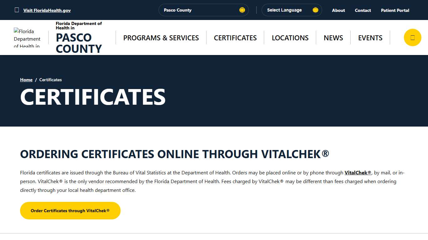 Certificates - Florida Department of Health in Pasco County